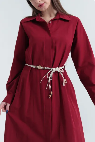 Bordo Gizli Pat Kemerli Poplin Elbise 340434