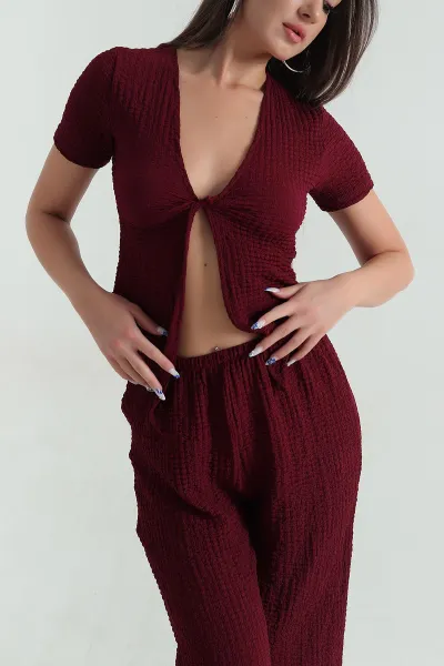 Bordo Gofre Likralı Kadın İkili Takım 369555