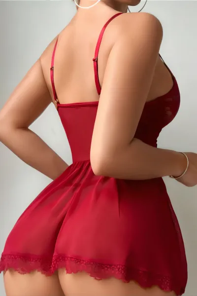 Bordo Göğüs Dantelli Seksi Mini Gecelik 428836