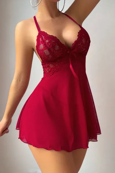 Bordo Göğüs Dantelli Seksi Mini Gecelik 428841