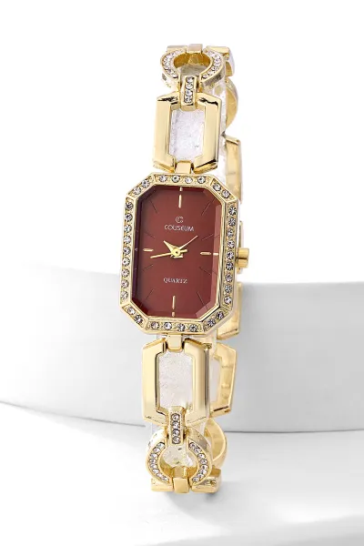 Bordo Gold Dikdörtgen Çerçeveli Şık Kadın Saat 480092