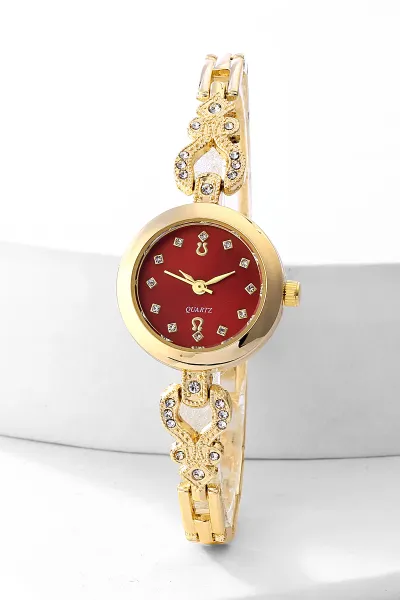 Bordo Gold Kordonu Zirkon Taşlı Şık Kadın Saat 476514