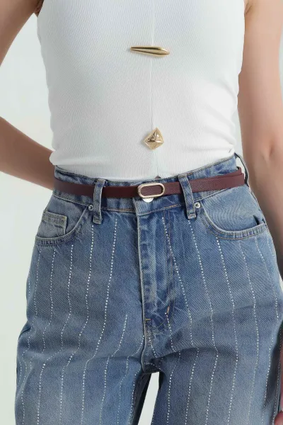 Bordo Gold Tokalı İnce Kadın Kemer 374289