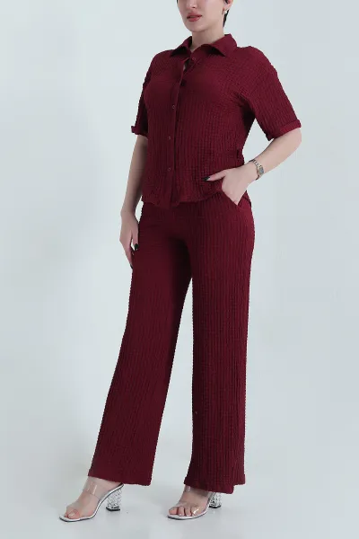 Bordo Gömlek Pantolon Gofre Kadın İkili Takım 449506