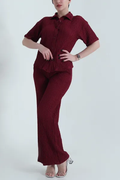 Bordo Gömlek Pantolon Gofre Kadın İkili Takım 449506