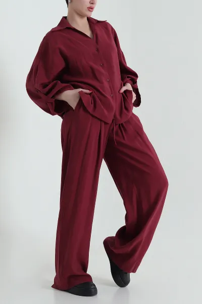 Bordo Gömlek Pantolon Modal Kadın İkili Takım 429882