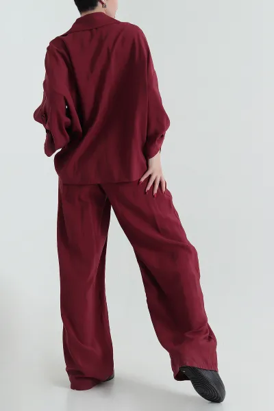 Bordo Gömlek Pantolon Modal Kadın İkili Takım 429882