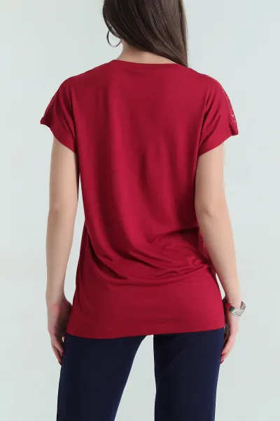 Bordo Güpürlü Taşlı Çilek Kumaş Bluz 334560