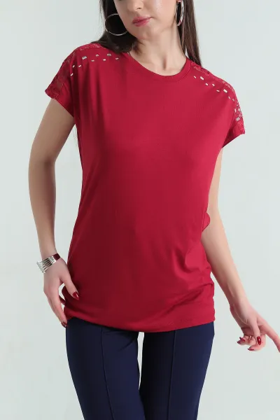Bordo Güpürlü Taşlı Çilek Kumaş Bluz 334560