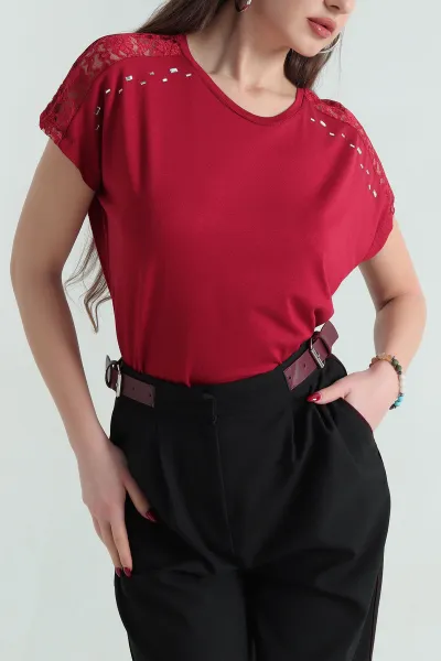 Bordo Güpürlü Taşlı Viskon Bluz 335911