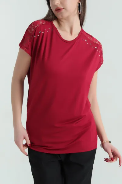 Bordo Güpürlü Taşlı Viskon Bluz 335911