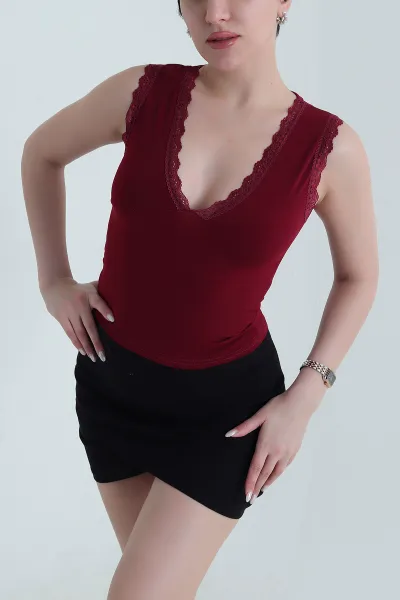 Bordo Güpürlü V Yaka Kolsuz Sandy Kadın Bluz 450763