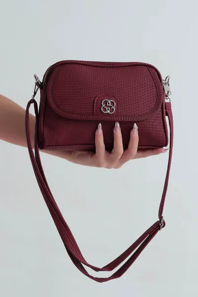 Bordo İki Gözlü Fermuarlı Omuz Çantası 377584