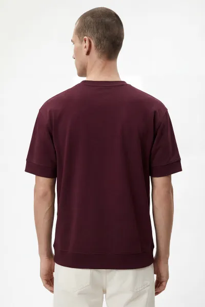 Bordo İki İp Bisiklet Yaka Yazı Detaylı Erkek Tişört 435170