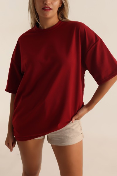 Bordo İki İp Oversize Tişört 193604