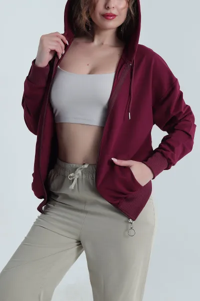 Bordo İki İplik Kapşonlu Kadın Hırka 481487