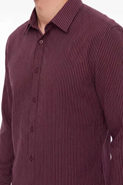 Bordo İnce Çizgili  Keten Uzun Kol   Erkek Gömlek 471861