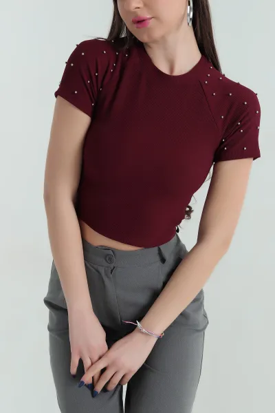 Bordo İnci Detay Ottoman Kadın Bluz 348420