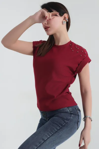 Bordo İnci Detay Ottoman Likralı Bluz 337546