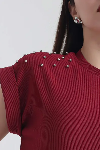 Bordo İnci Detay Ottoman Likralı Bluz 337546