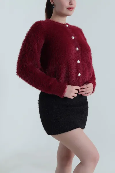 Bordo İnci Düğmeli Sena Sakallı Yumoş Triko Kadın Hırka 495398