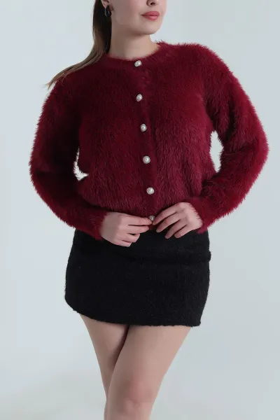 Bordo İnci Düğmeli Sena Sakallı Yumoş Triko Kadın Hırka 495398