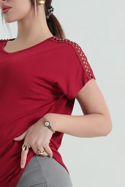 Bordo İncili Dantelli Çilek Bluz 334548