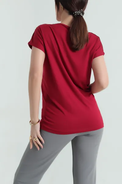 Bordo İncili Dantelli Çilek Bluz 334548