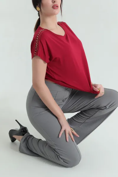 Bordo İncili Dantelli Çilek Bluz 334548