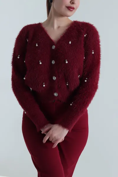 Bordo İncili Tasarım Sakallı Triko Kadın Hırka 495438