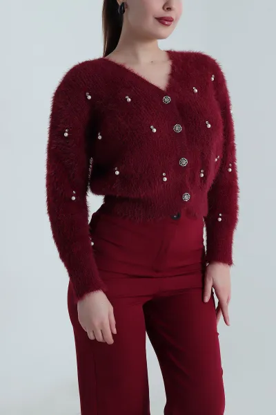Bordo İncili Tasarım Sakallı Triko Kadın Hırka 495438