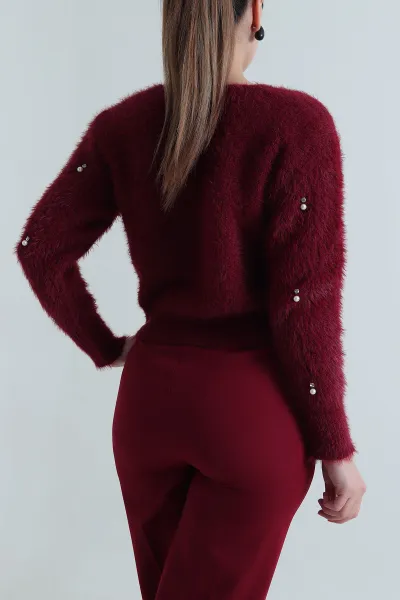 Bordo İncili Tasarım Sakallı Triko Kadın Hırka 495438