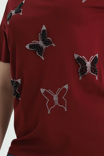 Bordo İncili Taşlı Süprem Kadın Tişört 347070