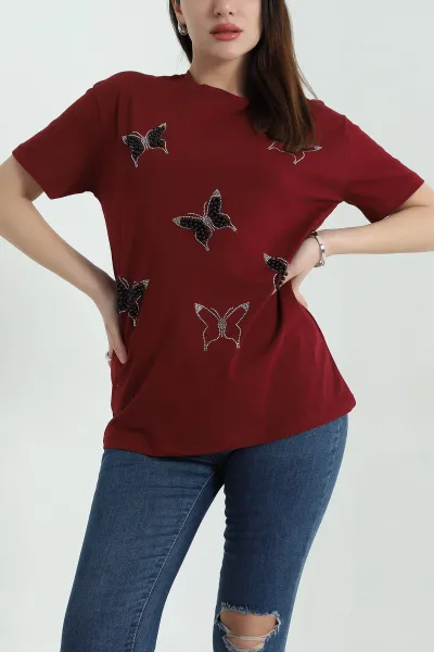 Bordo İncili Taşlı Süprem Kadın Tişört 347070