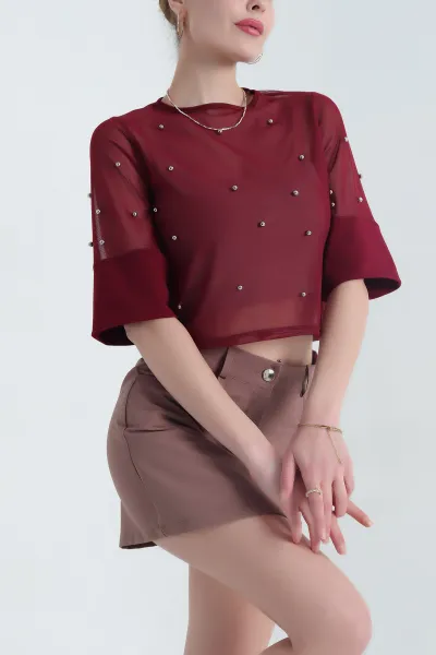 Bordo İncili Tül Tasarım Kadın Bluz 345189