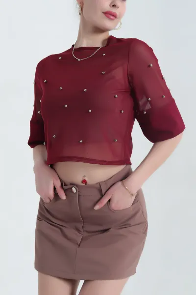 Bordo İncili Tül Tasarım Kadın Bluz 345189