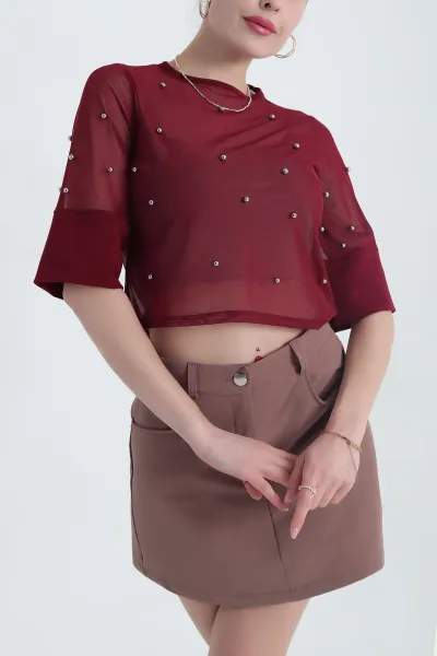 Bordo İncili Tül Tasarım Kadın Bluz 345189