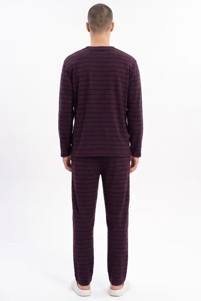 Bordo İnterlok Kumaş Düğme Detaylı Erkek Uzun Kollu Pijama Takımı 500915