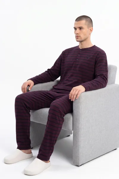 Bordo İnterlok Kumaş Düğme Detaylı Erkek Uzun Kollu Pijama Takımı 500915