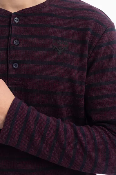 Bordo İnterlok Kumaş Düğme Detaylı Erkek Uzun Kollu Pijama Takımı 500915