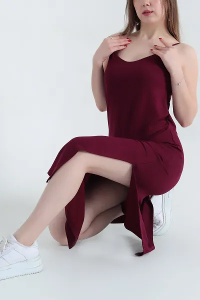 Bordo İp Askılı Kristal Elbise 337778