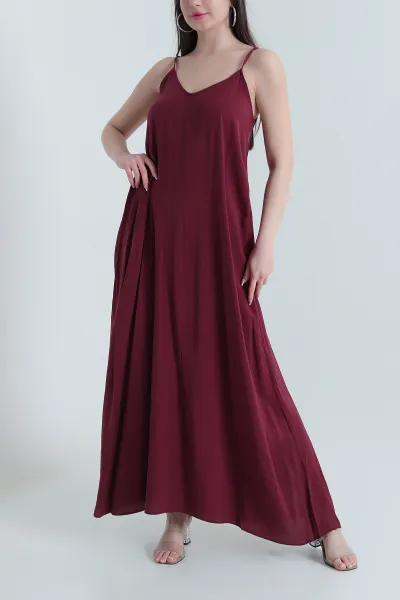 Bordo İp Askılı Tencel Kadın Elbise 451191