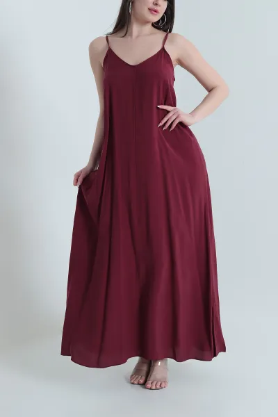 Bordo İp Askılı Tencel Kadın Elbise 451191