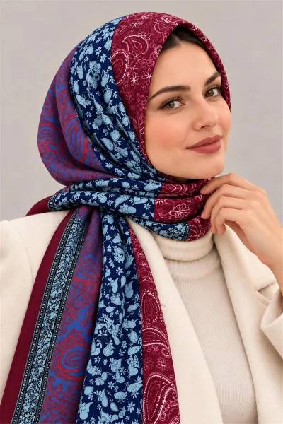 Bordo İthal Çift Tarafı Baskılı Şal Desenli Kadın Yumuşak Dokulu Şal 498764