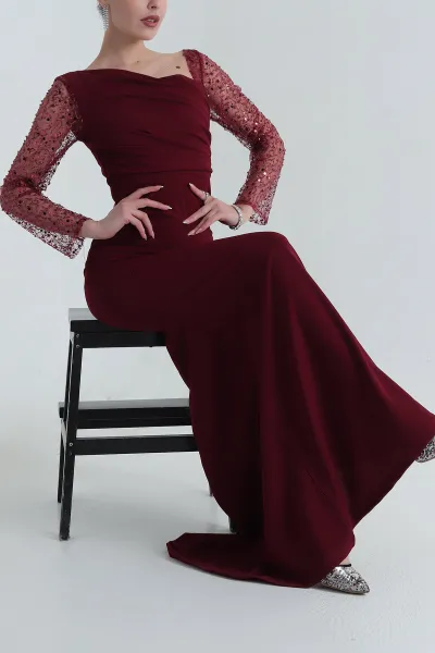 Bordo İthal Crep Kadın Pul Payetli Abiye 398079