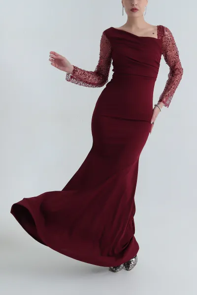 Bordo İthal Crep Kadın Pul Payetli Abiye 398079