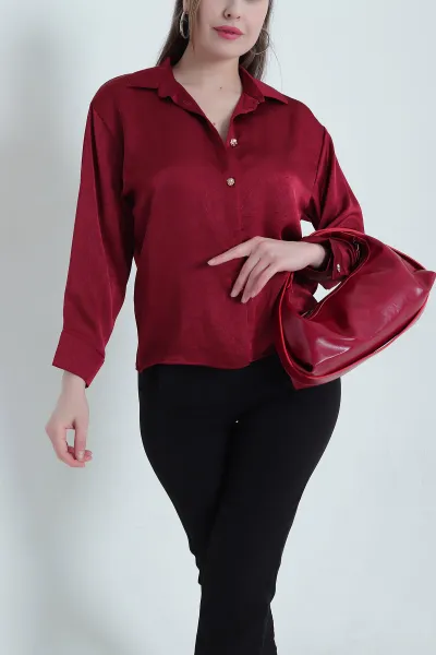 Bordo Jakar Saten Kadın Gömlek 443693
