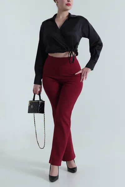 Bordo Jakarlı Crep Likralı Kadın Pantolon 491083