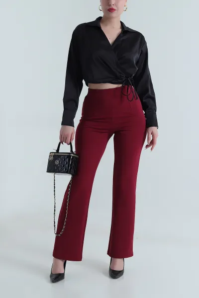 Bordo Jakarlı Crep Likralı Kadın Pantolon 491083