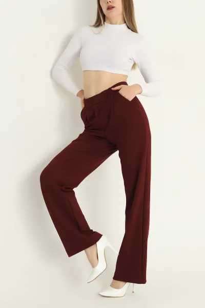 Bordo Jakarlı Palazzo Bayan Pantolon 312411